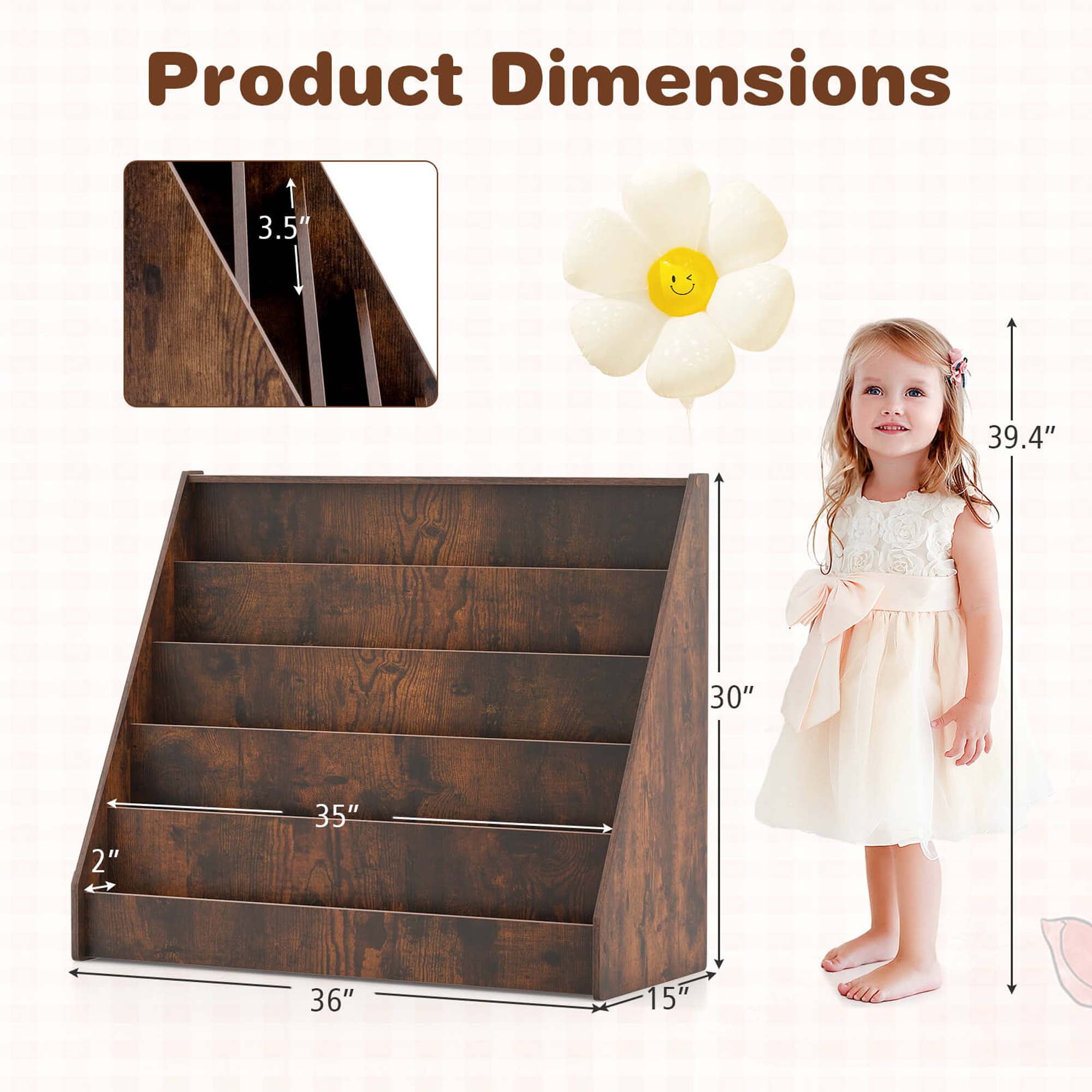 Costway 5 Tier Kids Bookshelf with Anti-Tipping Device Kids-friendly Height for Bedroom Brown