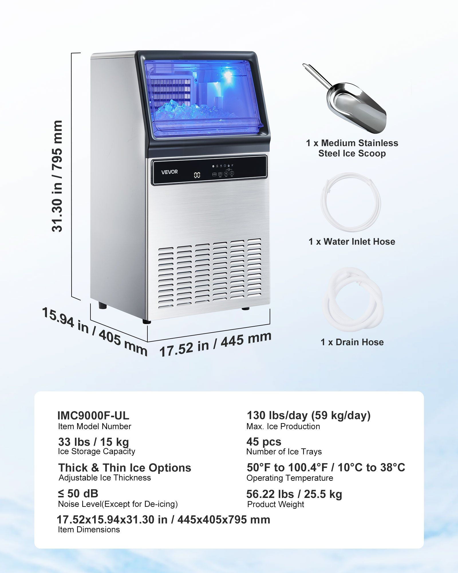 45 Cubes per Cycle Commercial Ice Maker, 130Lbs Daily Production, 33Lbs Storage Bin, Stainless Steel Housing with LED Display, for Home Kitchen & Bar