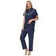 thumbnail image 5 of Usloyux Women's 2 Piece Outfits Short Sleeve Collared Shirt and Pants Matching Lounge Set Solid Casual Tracksuit with Elastic Waist, Navy L, 5 of 8