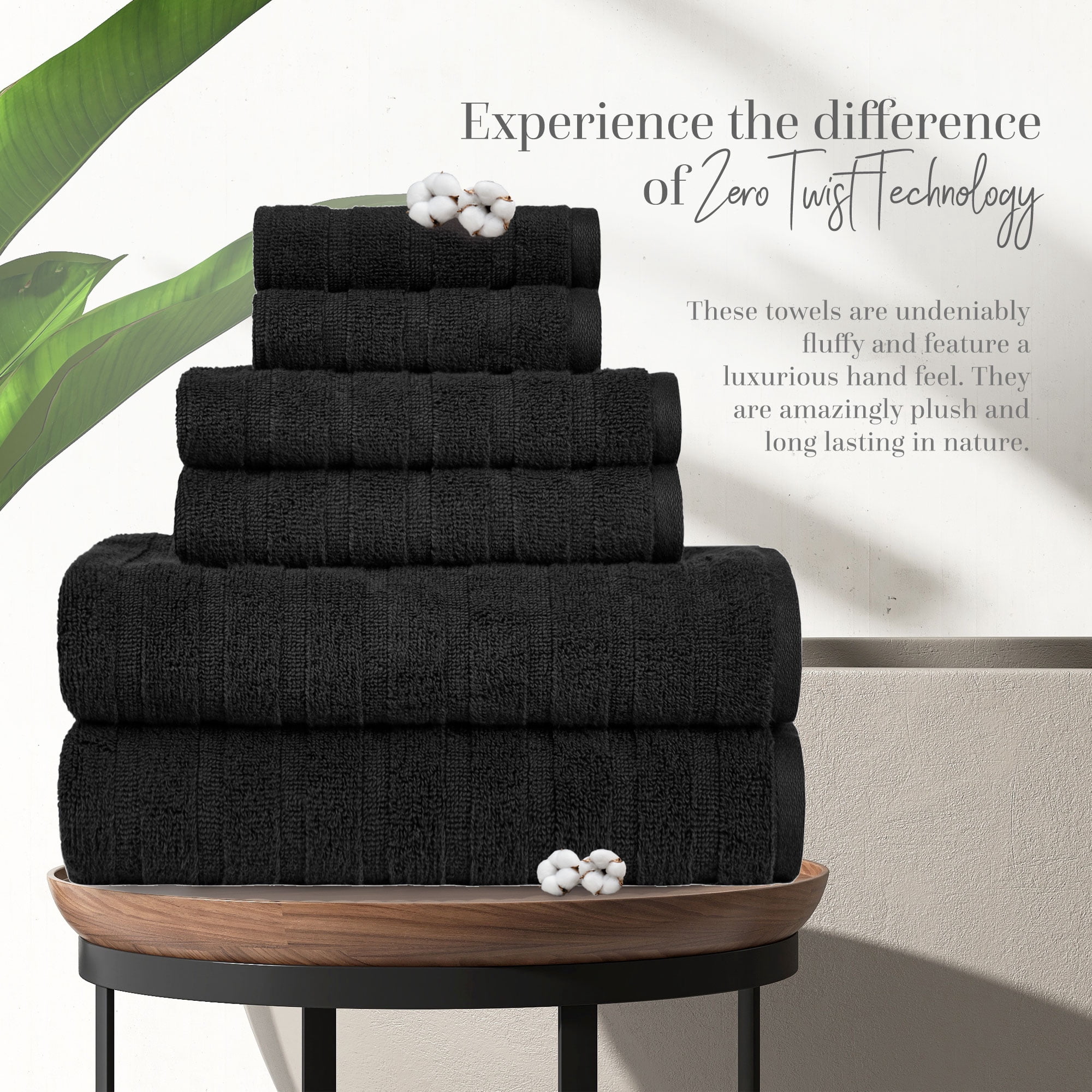 Everyday Home by Trident Quick Dry 6 Pc Bath Towel Set, 100% Cotton , lightweight,Soft, Absorbent, Bathroom Towels, 2 Bath 27"x54", 2 Hand 16"x28", 2 Washcloths 13"x13", Black