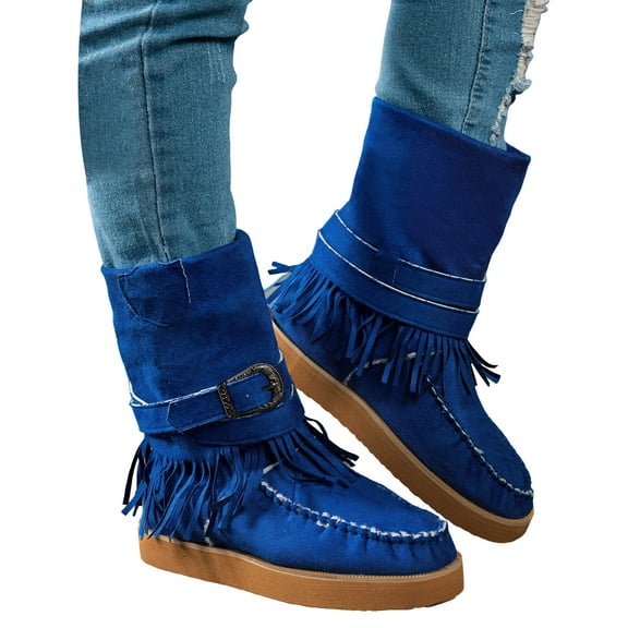 Fringe Winter Boots for Women Warm Casual Suede Platform Flat Booties Adjustable Retro Buckle Strap Pull on Mid Calf Snow Boots