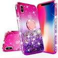 thumbnail image 3 of SOGA Rhinestone Liquid Float Quicksand Cover Cute Phone Case Compatible for Apple iPhone XR 6.1 inch Case with Embedded Metal Diamond Ring for Magnetic Car Mounts and Lanyard - Purple on Pink, 3 of 5