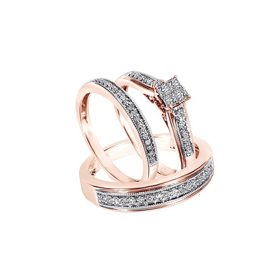 AFFY White Natural Diamond Wedding & Engagement Trio Band Ring Set In 10k Rose Gold (0.5 Cttw)