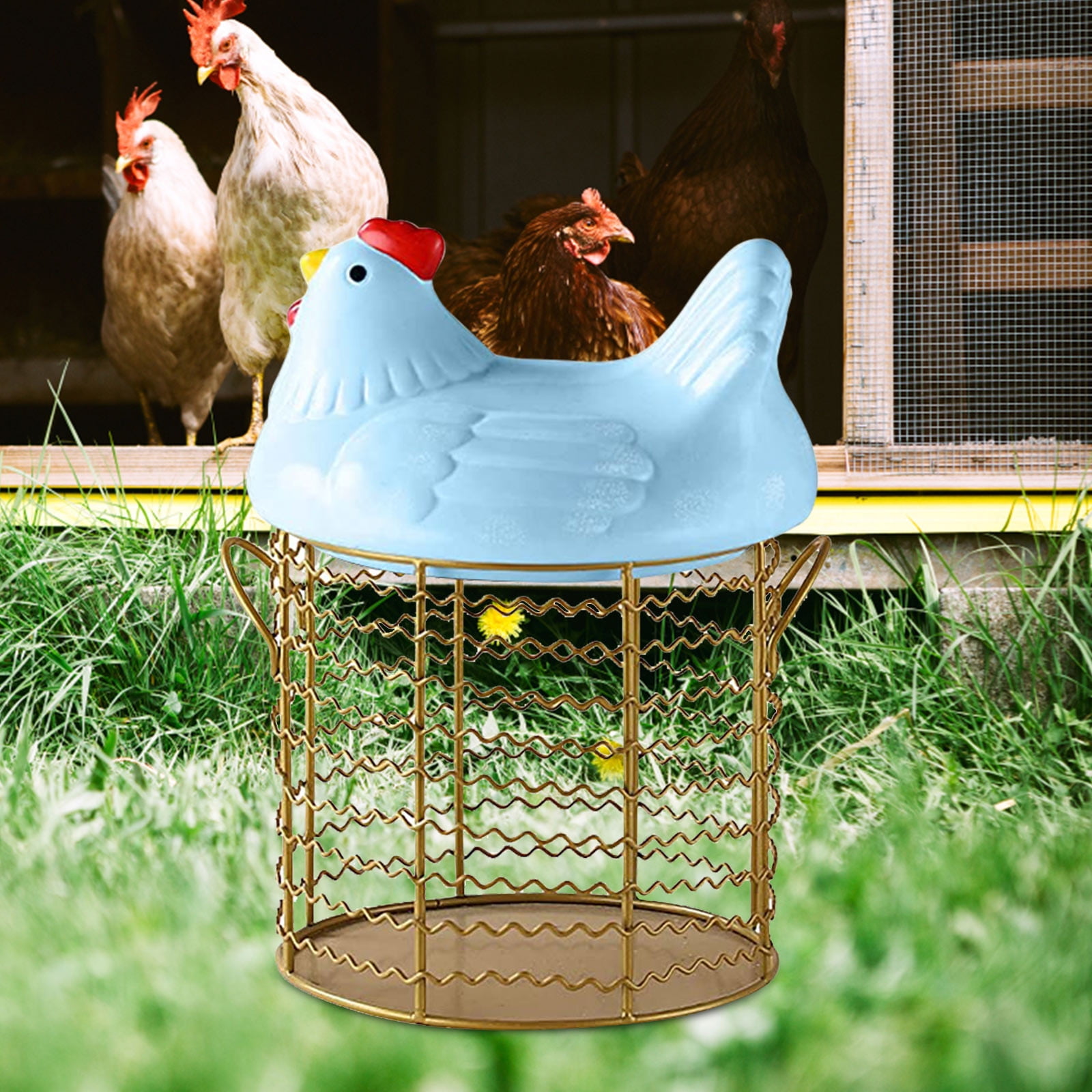 Wozhilaka Storage Box Colorful Design Eggs Basket Ceramic Chicken Shaped Lid Round Wire Basket Bottom Handle Metal Wire Eggs Storage Basket with Ceramic Farm Chicken Cover Farmer Style