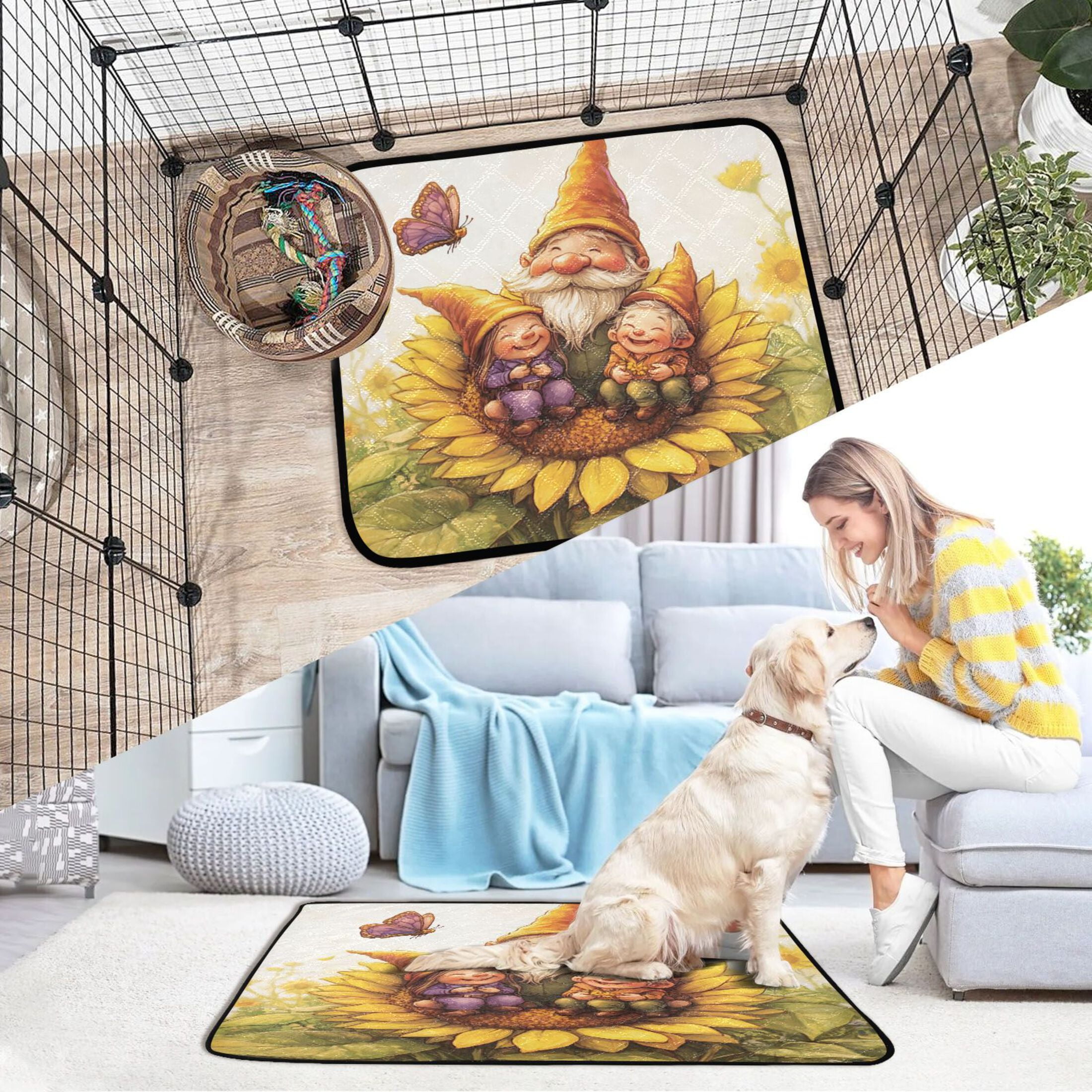 Qxltty Dwarf Elves Sunflower Cat litter Pads Pet Set of 3 Diaper Mats Center Anti-leakage Layer Absorbent Soft and Comfortable