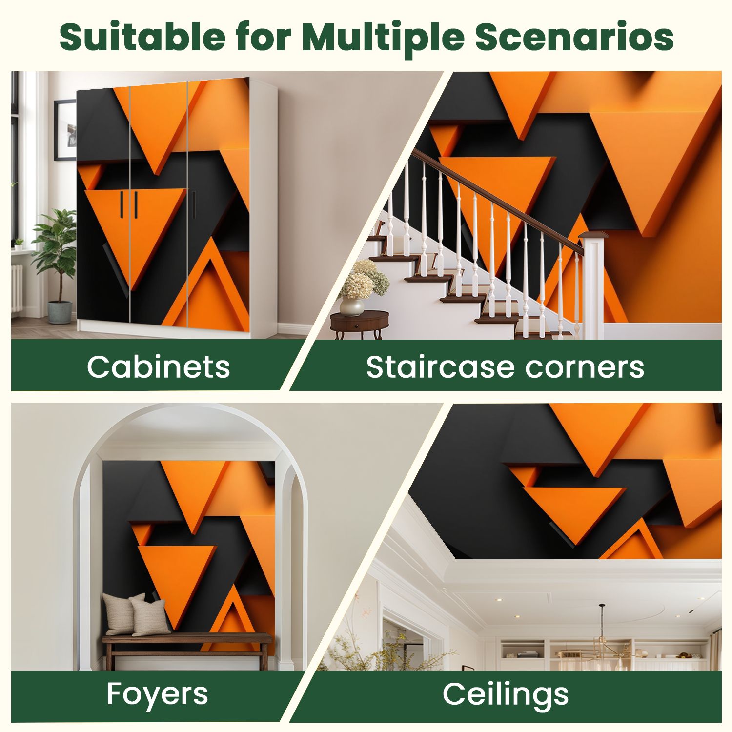 Peel and Stick Wallpaper 3D Geometry Abstract Triangles Sharp Edges Black Orange Color Schema Modern Art Wall Mural Decor Self Adhesive and Removable 100in x 144in