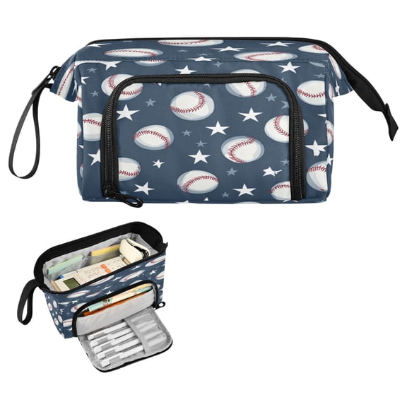 Nylon Fish Mouth Pencil Case with Large Capacity Zipper Pencil Pouch Baseball Stars Pattern Pencil Bag Organizers