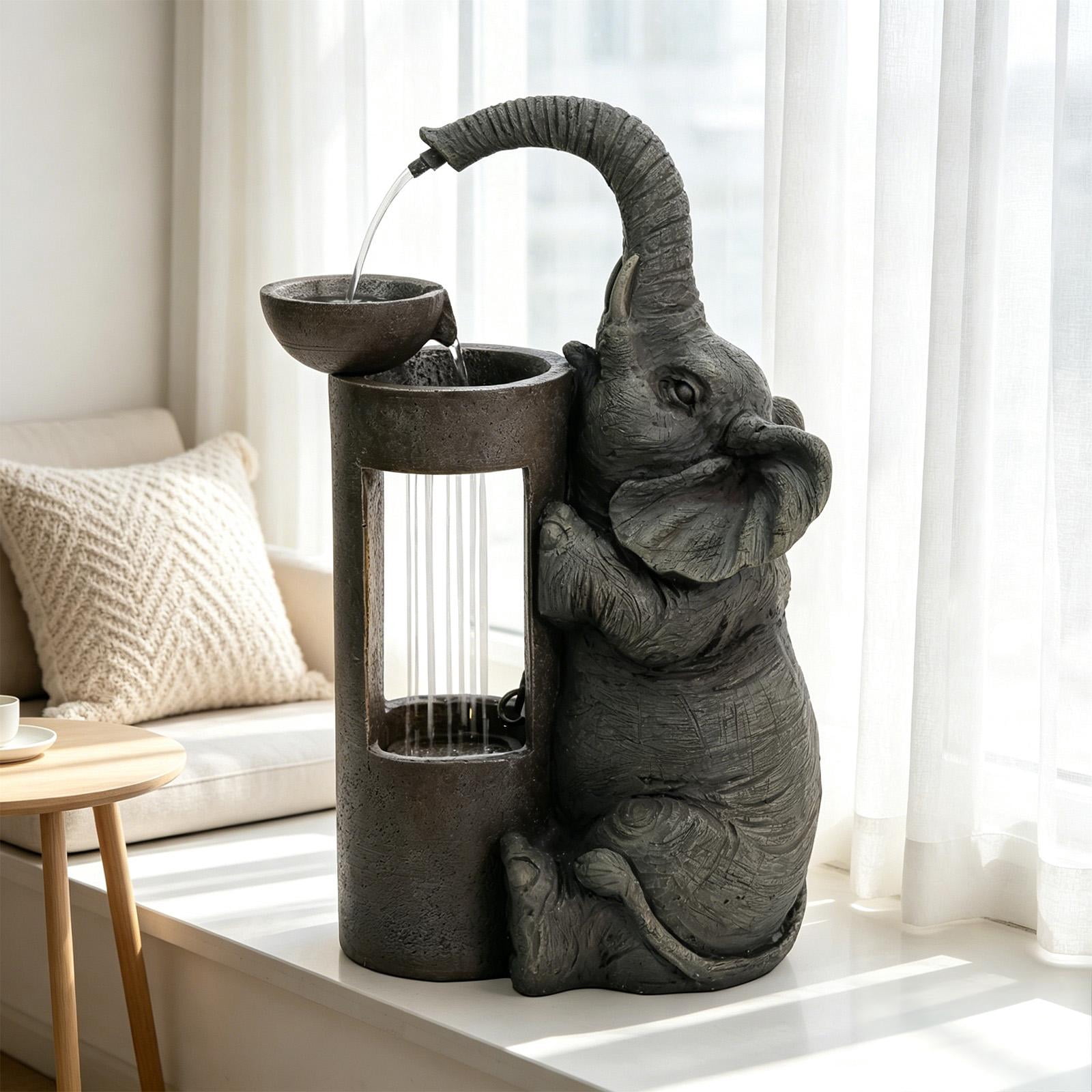 Elephant Waterfall Fountain for Indoor Desktop & Outdoor Use Small Garden Water Feature with LED Light Quiet Mini Cute Table Water Fountains for Patio, Yard, Home Decor