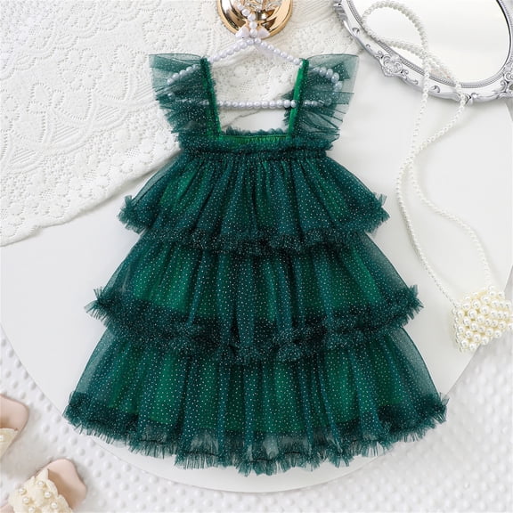 ZHOGXU Toddler Baby Girls Dress Sleeveless Spaghetti Strap Solid Color Mesh Layered Comfortable Fashion Summer Dresses For Casual Daily Wear,Green,12-18 Months