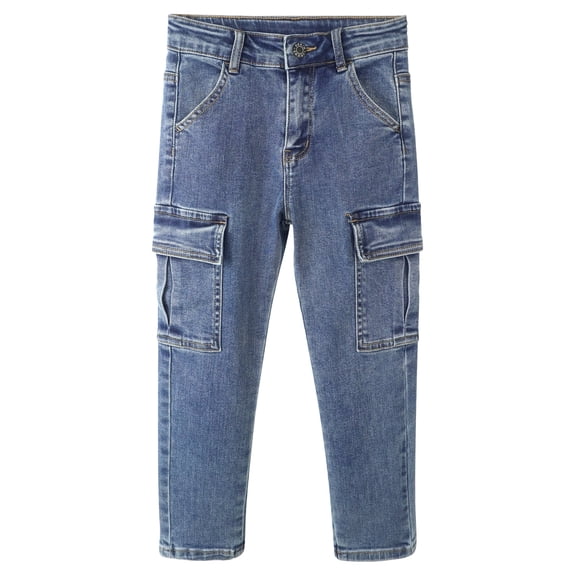 KIDSCOOL SPACE Little Big Girls Cargo Jeans,Accordion Style Pockets with Flaps Denim Pants,Blue,11-12 Years