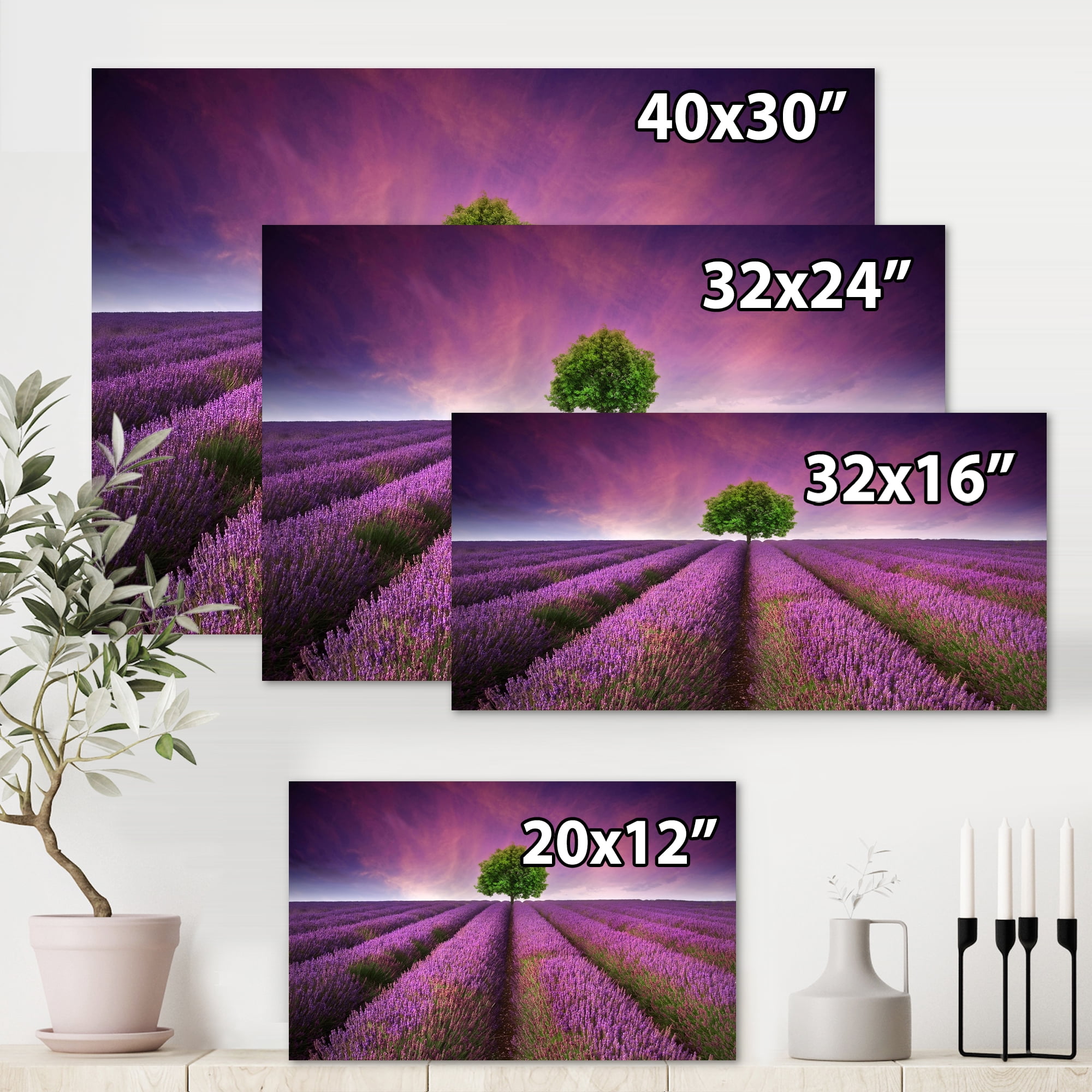 Designart ' Tree With Stunning Lavender Field Summer Sunset ' Farmhouse Canvas Wall Art Print
