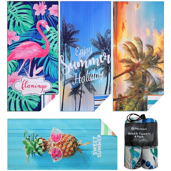 Beach Towels 4-Pack Lightweight, Oversized 71"x32" Sand-Free & Quick-Dry – Double-Sided Printed Pool, Swim & Travel Towels for Adults, Campi