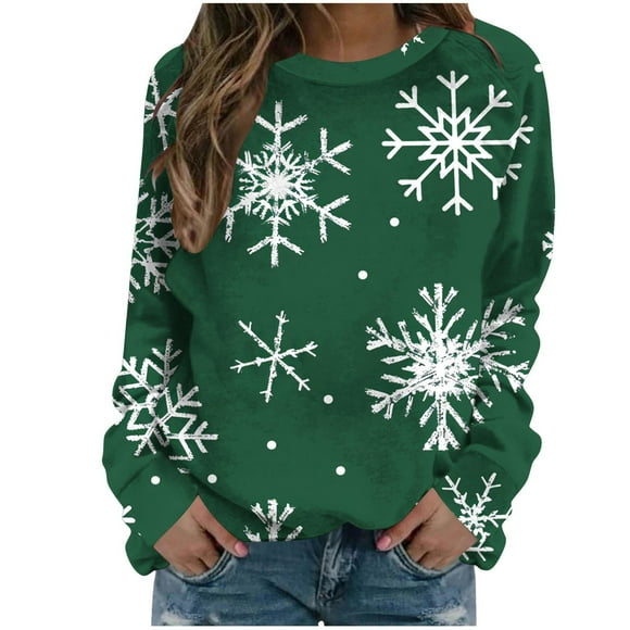 lcziwo Christmas Sweatshirt Women Oversized Xmas Sweater Funny Snowflake Graphic Pullover Holiday Long Sleeve Crew Neck Sweatshirt Womens Tops Green,S