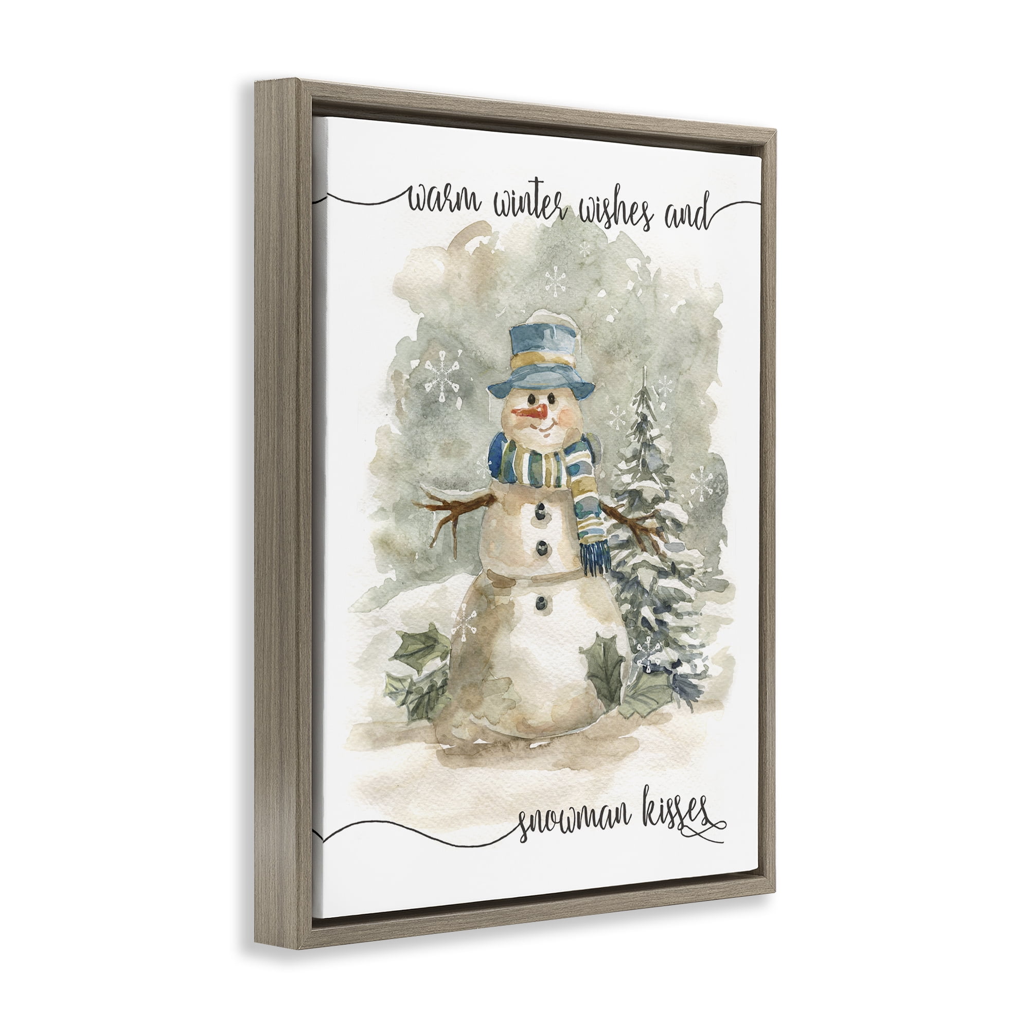 Stupell Industries Snowman Kisses Phrase Holiday Painting Brown Floater Framed Canvas Art Prints Wall Art, 17 x 21