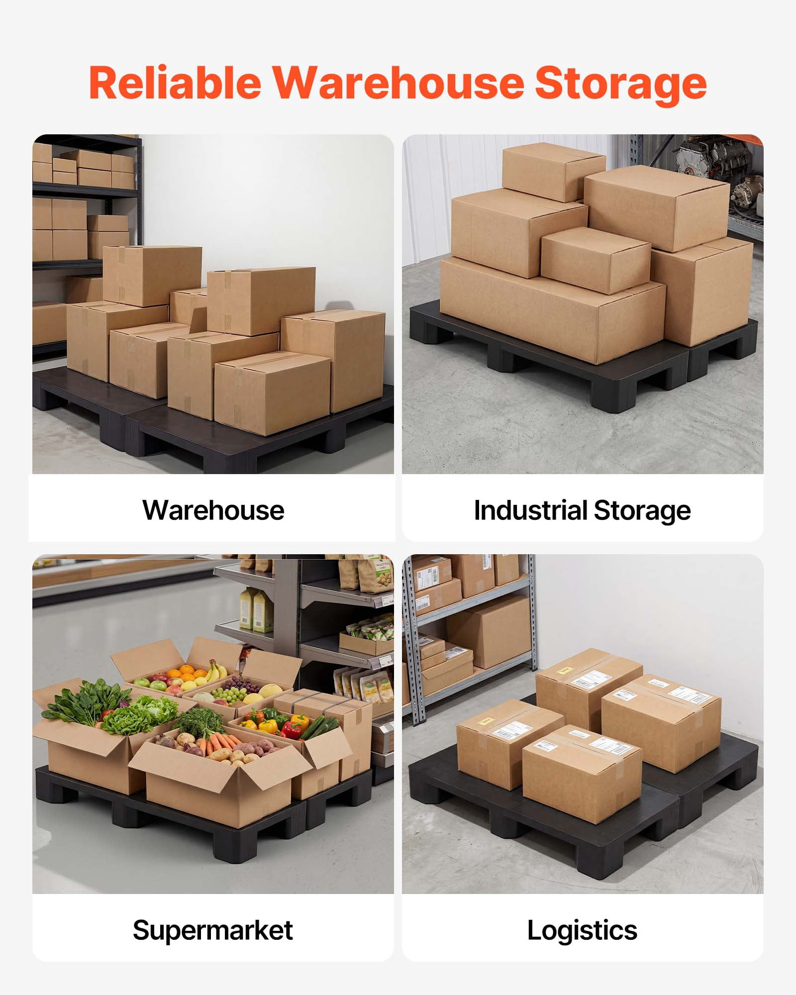 VEVOR Plastic Pallets, 2 Pcs Plastic Pallets for Basement Storage, Lightweight Waterproof Floor Storage Pad for Indoor Outdoor Supermarket Warehouse, Support up to 2205 lbs, 39.4"x19.7"x5.4", Black