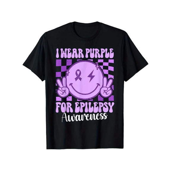 Epilepsy Awareness T-Shirt for Men - I Wear Purple Graphic Tee with joyful Face & Lightninglaxed Machine Washable, Sizes S-XXXL, Casual Casual Attire, Checkered Pattern Design, Breathable Fabric