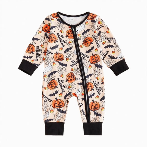 HCNTES Newborn Baby Girl Boy Fall Seasonal/Thanksgiving Outfit Long Sleeve Pumpkin/Turkey Romper Zipper Jumpsuit 0-12M (Beige,0-3 Months)