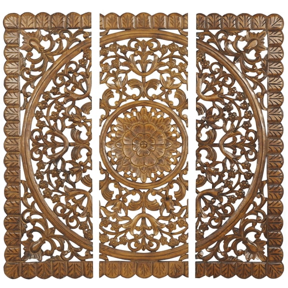 DecMode Brown Wooden Handmade Carved Mandala Panel Floral Wall Decor with Scalloped Edge (3 Count)
