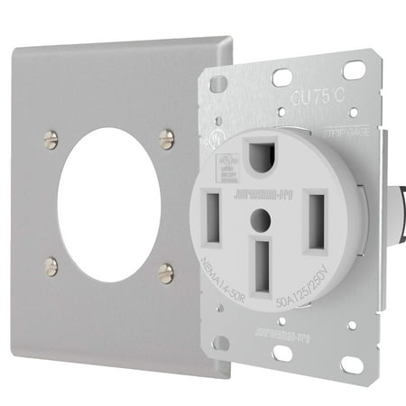 Journeyman-Pro NEMA 14-50 Commercial, Industrial Grade U.L. Approved 50 AMP 240V Receptacle w/ 2-Gang Stainless Steel Cover | 50A Wall Range Outlet,EV,RV, 125/250V (White w/2-Gang SS Cover)