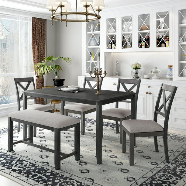 TREXM 6-Piece Kitchen Dining Table Set Wooden Rectangular Dining Table ...