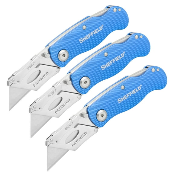 Sheffield Quick Change Folding Utility Knife, 6 inch, 3 Pack, Blue