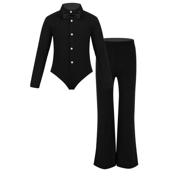 Zaldita Boys Latin Dancewear Costumes Long Sleeves Lapel Bowtie Romper Shirt Leotard Bodysuit Top Black 12
