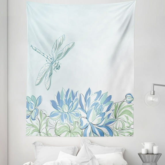 Dragonfly Tapestry, Waterlilies Flowers and Dragonflies Simplistic Design Eco Nature Theme Art, Fabric Wall Hanging Decor for Bedroom Living Room Dorm, 5 Sizes, Blue Green, by Ambesonne