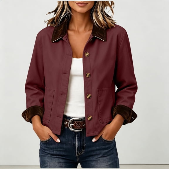 PiGOGI Womens Corduroy Collared Jacket Long Sleeve Button Up Coat with Patch Pockets Casual Vintage Outerwear Top for Daily Casual Loose Fit Style