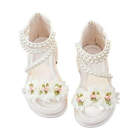 

Girls Fashion Sandals Lightweight Breathable Flexible Durable Casual Summer Children Soft Sole Girls Pearl Flower Leather Sweet Princess Shoes Comfy Stylish Footwear
