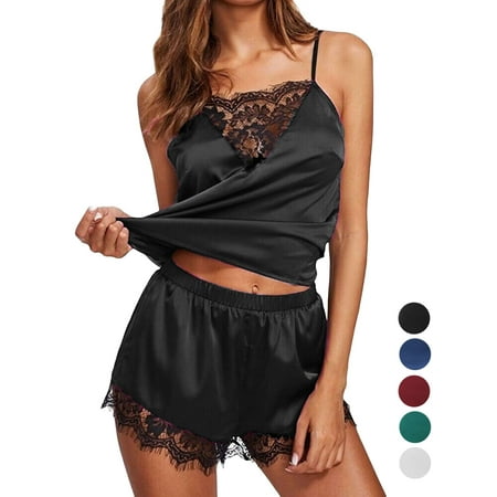 Gustave Women Silk Satin Cami Shorts Pajamas Set Sexy Lace Sleepwear Lingerie Ladies V Neck Camisole Nightwear  Black  S