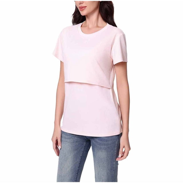 Blouse d'Allaitement pour Femmes avec Col Rond, Manches Courtes, Tissu Polyester-Spandex Haute Élasticité, Couleur Unie, Coupe Décontractée, pour Grossesse et Allaitement