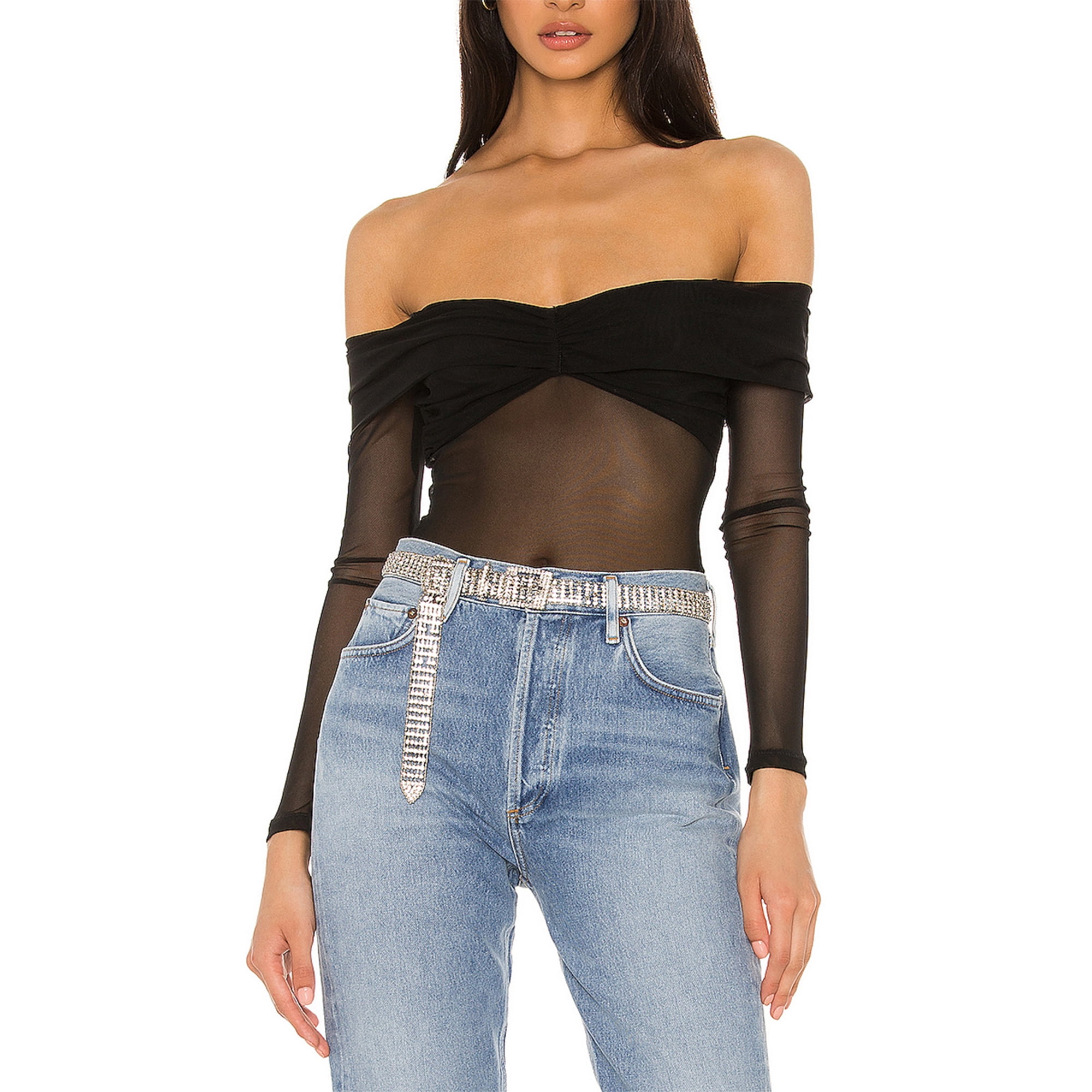xiaxaixu Women Long Sleeve Bodysuits See-Through Solid Color Boat