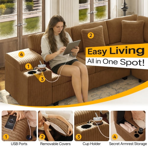 110.2" L-Shaped Convertible Sleeper Sectional Sofa Set with Removable Ottoman, Hidden Armrest Storage, USB & Type-C Charging Ports, Cup Holders, Plush Corduroy, Camel