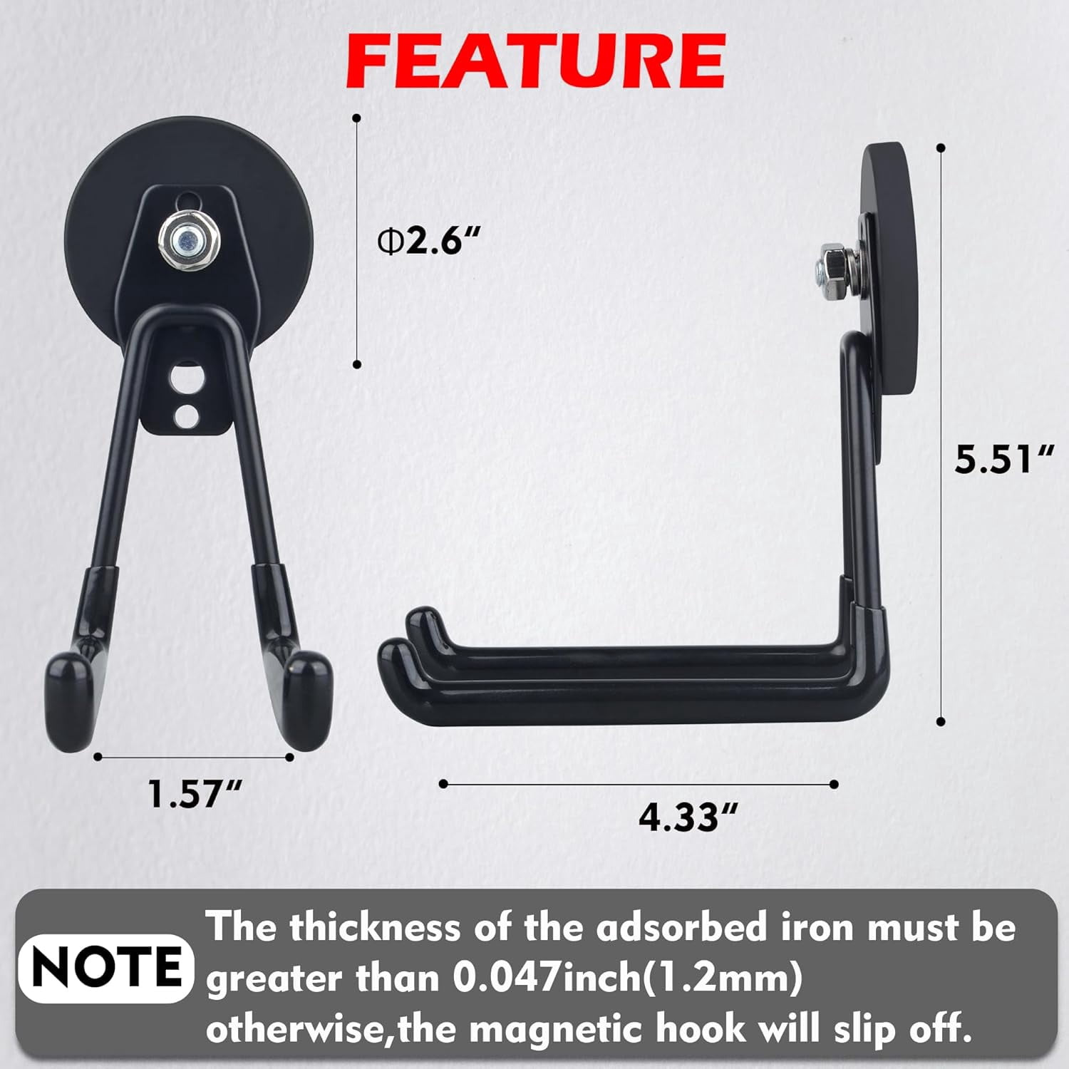 JJEAN-Magnetic Hooks Heavy Duty,2PCS Strong Magnetic Garage Hooks for Cruise Cabins,Anti-Scratch Magnet with Long Hooks for Power Drill,Garden Tools,Hose,Tool Chest,Steel Pegboard,Workshop