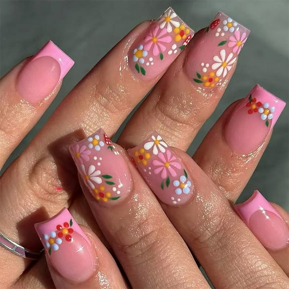 24 Pcs Short Square French Tip Acrylic False Nails Glossy Artificial Nails Flowers on Nails