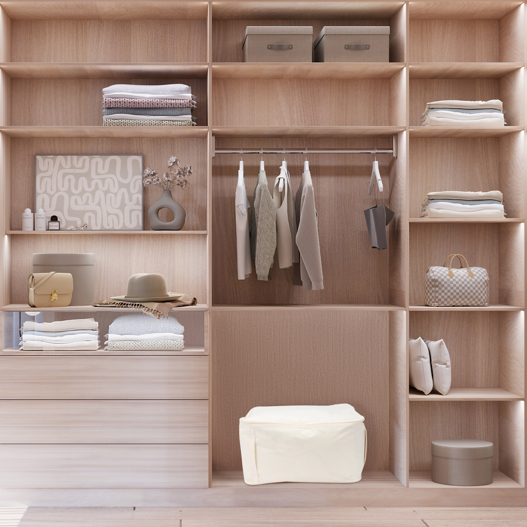Unique Bargains Clothes Storage Bags for Closet Organizers w Handles Beige 23.5x19.5x14in