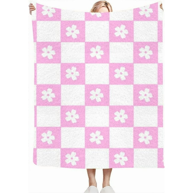 Abstract Flowers Retro Checkered Pink Throw Blanket for Couch Bed Soft Cute Fleece Fuzzy Spring Summer Throw Blankets Cozy Living Room Throw Blanket for Chair