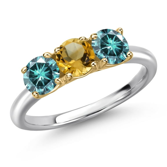 Gem Stone King 10K Two Tone Gold Yellow Citrine and Blue Moissanite Engagement Ring for Women | 1.45 Cttw | Round 5MM | Gemstone November Birthstone | Size 7