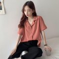 thumbnail image 3 of Solid Color Crop Top Short Sleeve Button Down T Shirts Lapel V Neck, 3 of 9