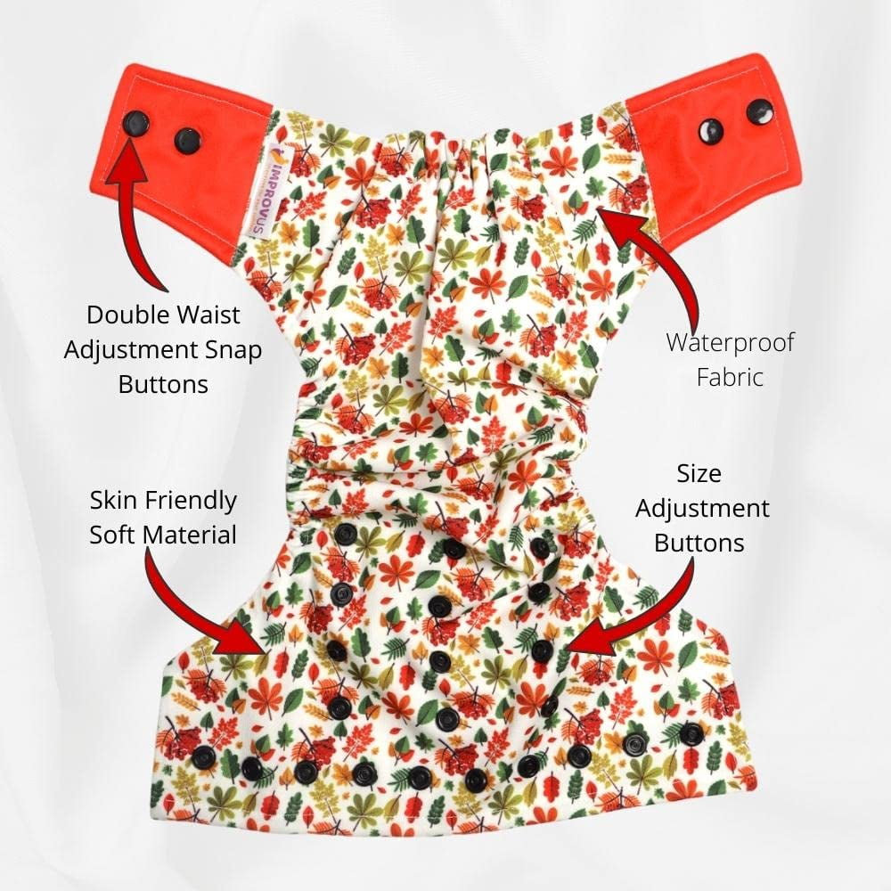 IMPROVUS 100% Cloth Diapers for Babies (0-3 Years), Reusable, Washable & Adjustable Nappies Snap Buttons and Wet-Free Insert Pads (Yellow & Orange MC pack of 4 cloth diaper and 2 insert pads)