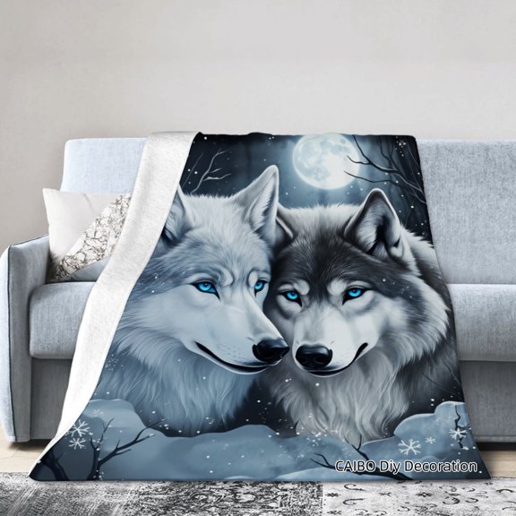Joocar Wolf Couple Moon Night Scene Flannel Throw Blanket For Winter Gift Home Sofa Bed Decoration 60x80 inch