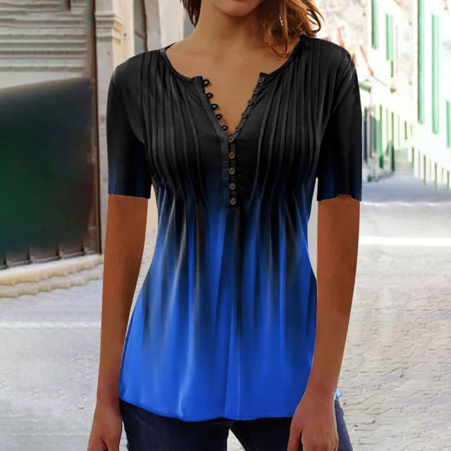ICHUANYI Clearance Women Fashion Casual Print Round Neck Loose Short Sleeve T-shirt Top Blouse Pullover(Dark Blue, XXL) ICHUANYI WER2023080817612