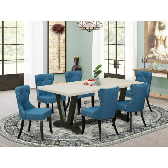 East West Furniture V-Style 7-piece Wood Dinette Set in White/Black
