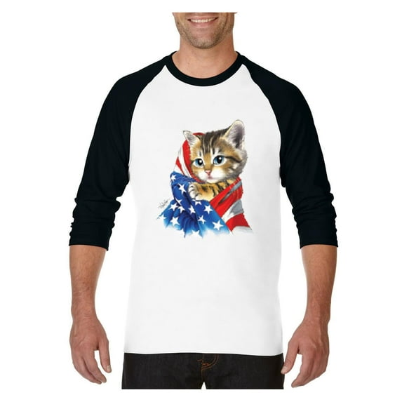 Mens Raglan Sleeve Baseball T-Shirts - American Flag 4th of July Kitty