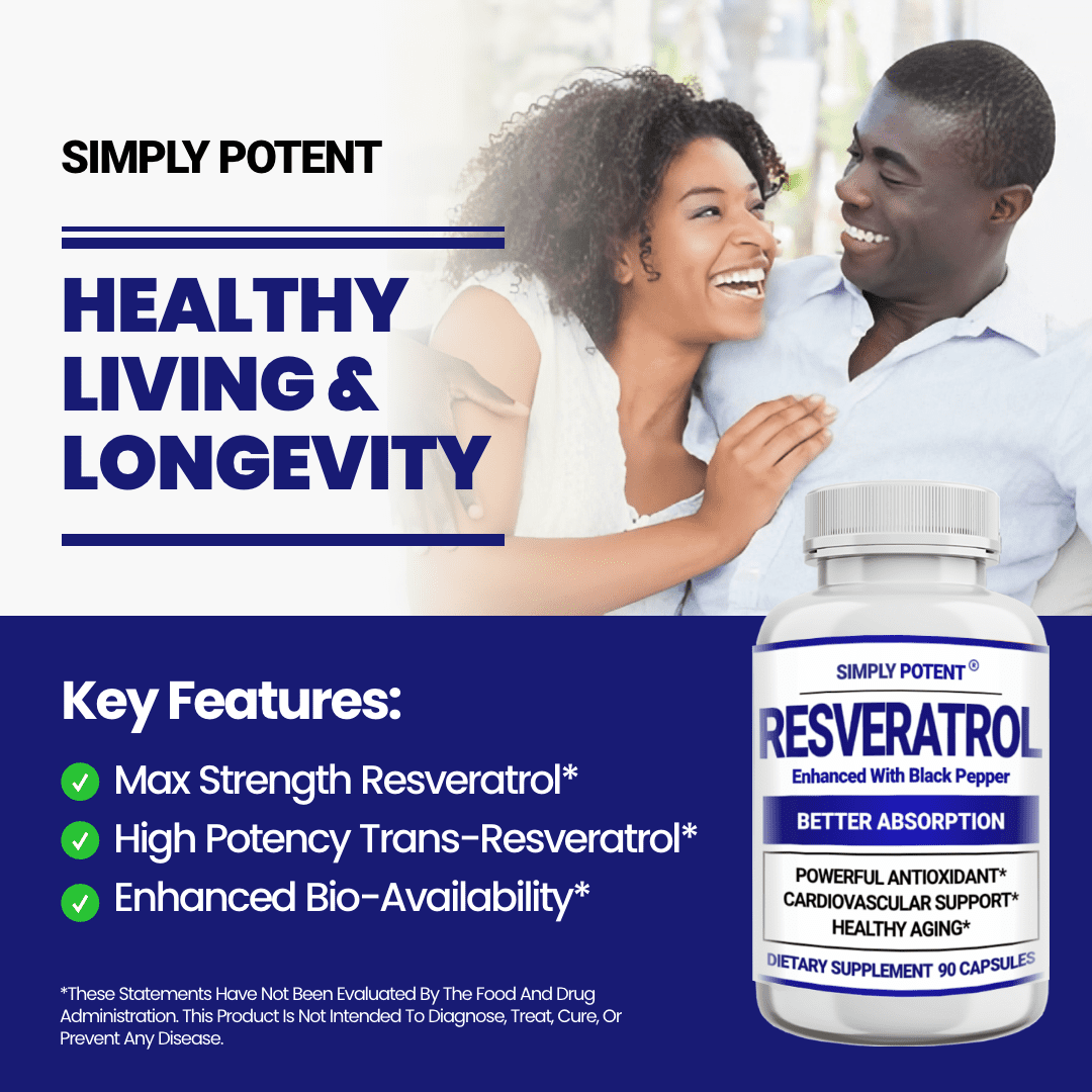 Simply Potent Resveratrol 1000mg  with Black Pepper Supplement for Anti-Aging, Skin & Heart Health, Immune System, Brain Function & Digestive Support, 90 Caps