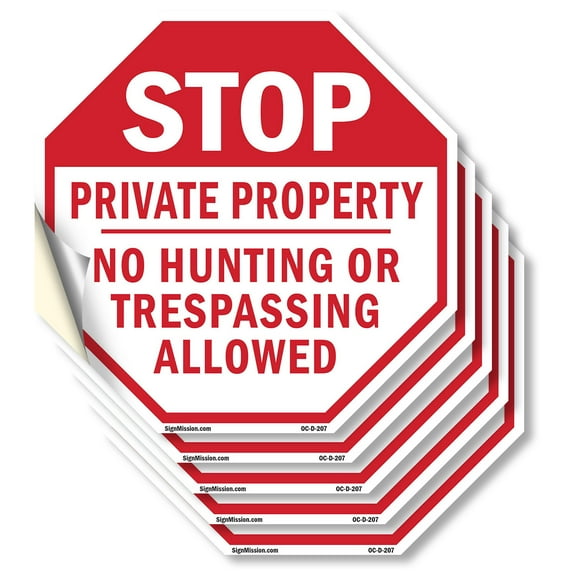 Stop Private Property No Hunting or Trespassing Allowed (5 Pack) 6 inch X 6 inch Octagon Vinyl Label Decal Sticker Weather Resistant, UV Protected for Workplace, Made in the USA