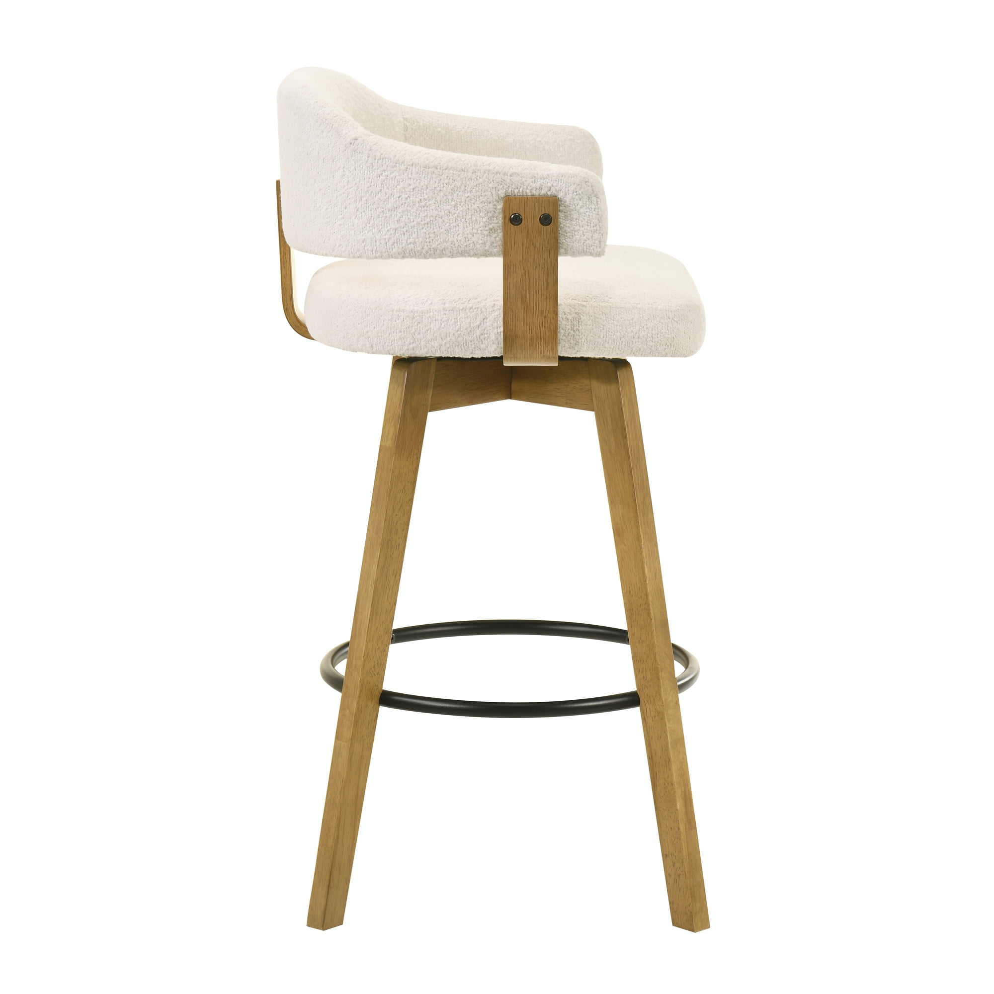 Callah Contemporary Natural Wood Bar Height Kitchen Bar Stool in Amber Glow Finish with White Boucle Fabric Upholstered Seat - Set of 2