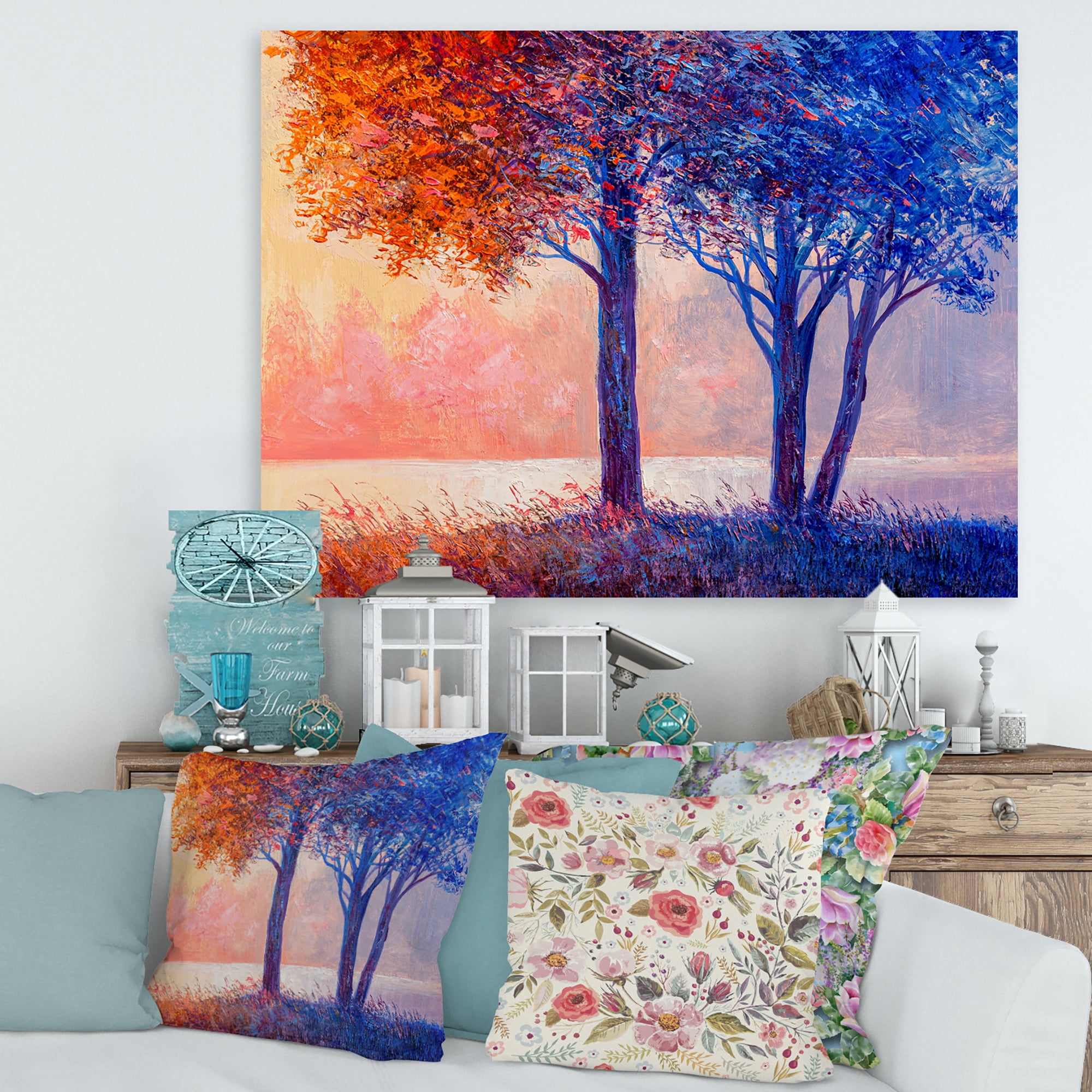 Designart ' Colorful Autumn Forest Trees Along Beautiful River ' Lake House Canvas Wall Art Print