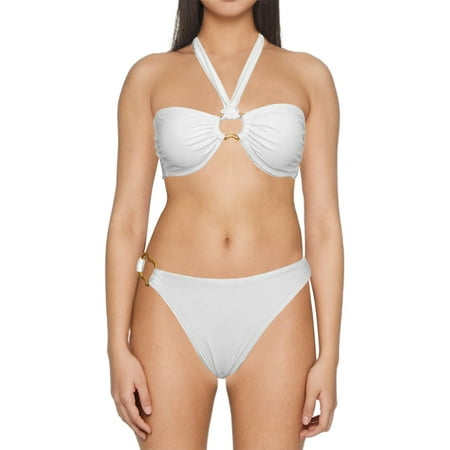 WERYOUNG Women Tether Halter Neck Hollow Bikini Sexy Split Swimsuit Summer Tropical Brazilian Vacation Swimwear Beachwear Trendy White M