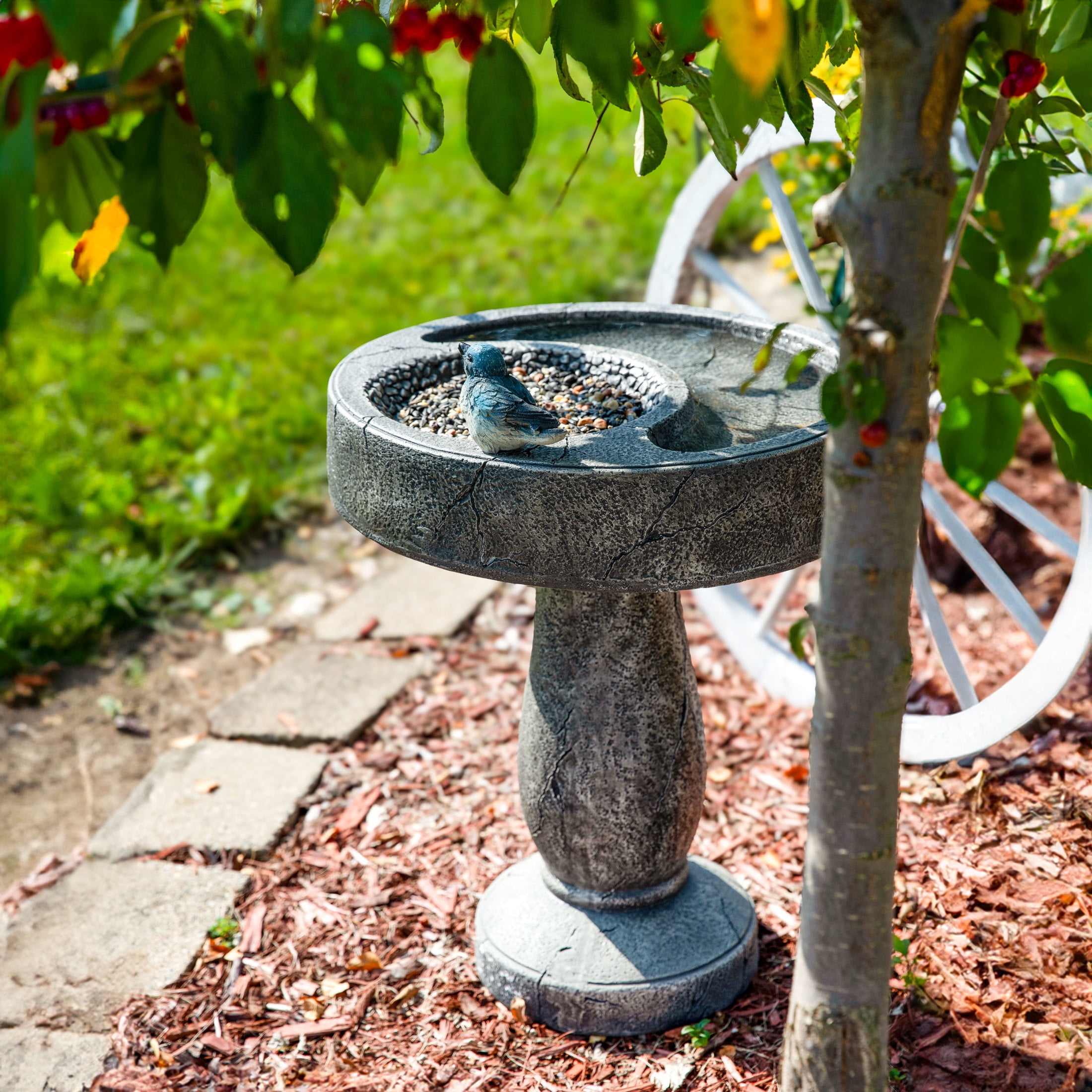 Sunnydaze Traditional Freestanding Polyresin Outdoor Bird Bath with Feeder Compartment